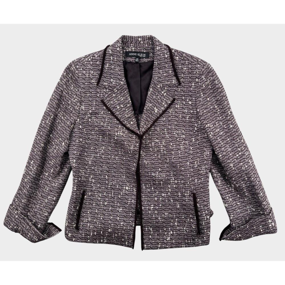 Anne Klein New York Jacket Womens 14P Purple Virgin Wool Blend Tweed Fringe